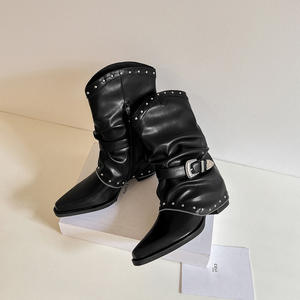 รองเท้าบูทคาวบอยผูกเชือกหัวสี่เหลี่ยมประดับทองสำหรับผู้หญิงรองเท้าบูทหุ้มข้อส้นหนาสูง5-8ซม. ทำจากหนังแท้ออกแบบได้ตามต้องการ - Product Image 5