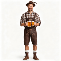 Chemise à carreaux marron pour homme, broderie cerf, ensemble complet Lederhosen marron foncé, chapeau en feutre, chaussettes, bottes, style bavarois pour l'Oktoberfest