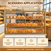 Vitrine de boulangerie commerciale, présentoir à pain en verre avec cadre doré, éclairage LED et rangement inférieur, sur mesure pour boulangerie