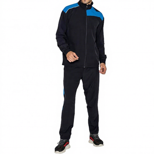 Ensemble de survêtement sportif pour homme, noir et bleu, avec fermeture éclair intégrale, respirant, en polyester, coupe classique, idéal pour l'automne - Product Image 1