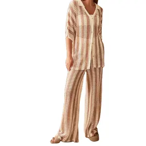 OEM ODM kundenspezifische Kleidung Häkeln Damen gestrickte Hosen-Set Damen Pullover 2-teiliges Set