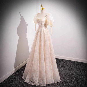 Champagne Floral Embroidered Organza A-Line Evening Gown Sweetheart Neckline Empire Waist Women's Formal Dress For Birthday - Product Image 1