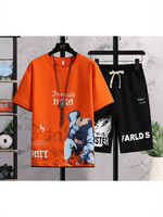 Ensemble T-shirt et short en pur coton imprimé, coupe ample et anti-rétrécissement, mode estivale