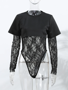 Combinaison en dentelle pour femme avec haut de t-shirt à col rond, ensemble 2 pièces tendance - Product Image 5