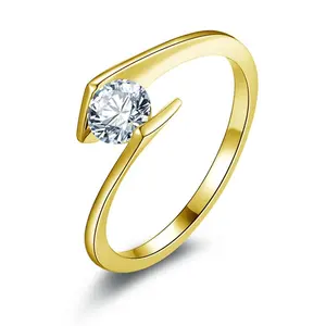 14K 18KSolid Gold Solitaire Ring Triangle Band Bezel Setting Round Sona Diamond Women Wedding Engagement Ring