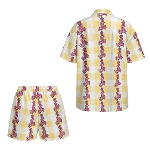 Conjunto de camisa informal para <span class=keywords><strong>mujer</strong></span>, pantalones cortos de cintura alta, traje holgado con estampado de flores a cuadros para verano, para playa - Product Image 6