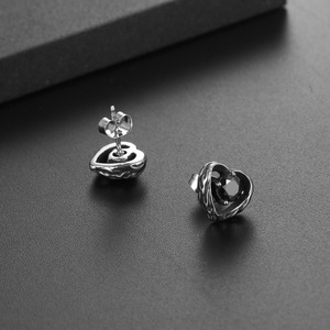 Heart Shaped Titanium Steel <b>Stud</b> <b>Earrings</b> With Black Zircon Bezel Setting <b>For</b> <b>Men</b> And Women CF148 - Product Image 2