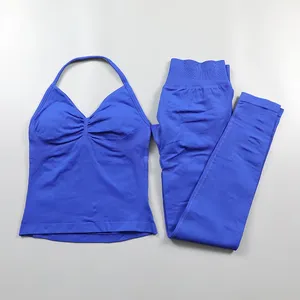 Conjunto de Yoga sin costuras para mujer, mallas de impacto, mallas para gimnasio, camiseta sin mangas acolchada, trajes de entrenamiento, <span class=keywords><strong>ropa</strong></span> deportiva sólida XS fruncida - Product Image 2