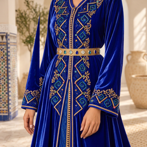 Vestido Caftán Marroquí de Terciopelo Azul Rey Mishkat Couture, Cuello en V, Elegante, Maxi, Manga Larga, con Cinturón, para Fiesta - Product Image 1