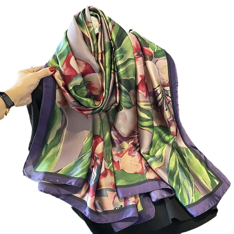 New Trendy Brand Satin Silk Scarf Versatile Imitation Beach Towel and Shawl Long Plain Style for Women Stock Available