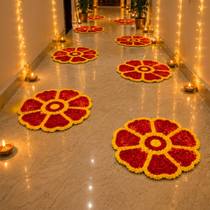 Alfombra de lujo hecha a mano con diseño floral Rangoli para decoración de Diwali, diseño de flores rojas y amarillas, decoración festiva para pasillo. - Product Image 1