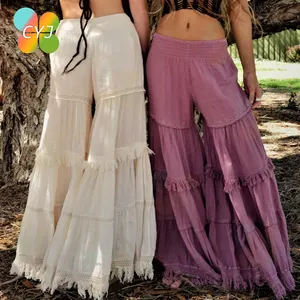 Wholesale Boho Cheesecloth Tiered Flared Pant Oversized Ladies Trousers Baggy Linen Tassel Flared Wide Leg Fringe Pant For Women