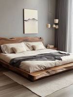 Lit |   Lit double en pin massif de style Wabi-sabi et médiéval, design rustique en rondins, écologique, grade E0, fabriqué en Chine, divers modèles