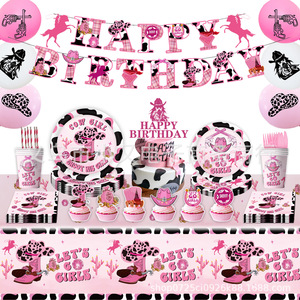 Kit de Décorations et Fournitures pour Fête d'Anniversaire Cowgirl Rose Thème Western Disco avec Bannière, Assiettes, Gobelets, Couverts, Ballons et Nappe - Product Image 1