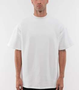 T-shirt de luxe pour homme en 100 % coton épais, coupe oversize et carrée, col montant, décontracté, manches courtes, vierge - Product Image 3