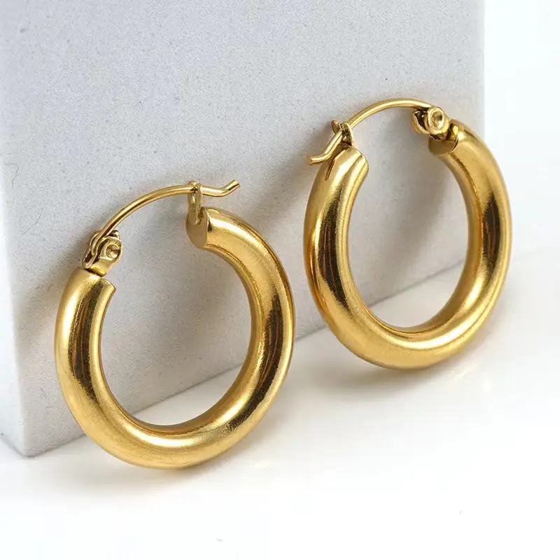 Hot Sale 18k Gold Plated Hoop Earrings Chunky Smooth Stainless Steel Hoop Earrings