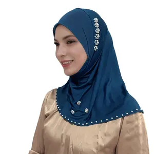 CCY Muslim Hijabs Solid Color Polyester Elastic Hijab Scarf Faux Pearl Decor Headscarf Instant Hijab Head Wraps For Women