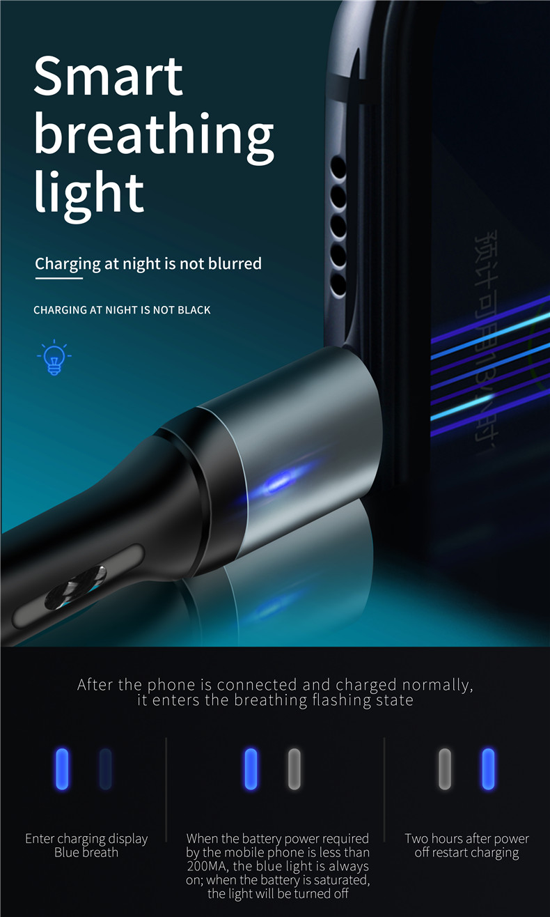 ICEBINGO 2020 new arrival QC3.0 Fast charging Smart power off breathing light data cable Mirco  type C charging cable for iPhone