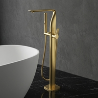 Robinet de baignoire autoportant en laiton avec douchette céramique à jet doux - Finition chromée et or brossé - Robinet de douche moderne pour villa et hôtel