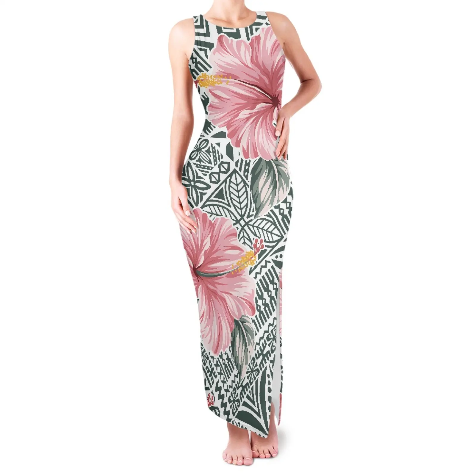 Fashion Polynesian Texture Round Neck Double Slit Sundress Ladies Drop Shipping Polynesia Hibiscus Flowers Print Women's Dresses