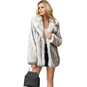 Vente en gros Manteau en fourrure grande taille pour femmes Manteau en fourrure de renard artificiel de longueur moyenne, chaud et décontracté avec poche