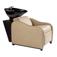 Fauteuil de lavage de luxe beige inclinable pour salon – Station de lavage pour usage professionnel avec cuvette en céramique et repose-pieds réglable et durable