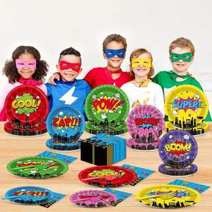 Assiettes, serviettes et fourchettes de fête super-héros multicolores en papier, décorations d'anniversaire héros de bande dessinée, vaisselle à thème <span class=keywords><strong>action</strong></span> - Product Image 5