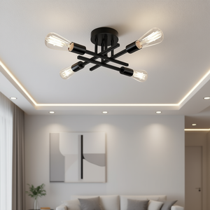 Lámpara de Techo Semi Empotrada Negra TOBUSA, 4 Bombillas, Estilo Industrial, Iluminación para Sala de Estar, Marco de Metal, Cubierta de Vidrio - Product Image 2