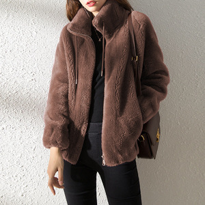 Women's Faux Fur Coat Stand Collar Thickened Warm Loose Korean Style Zipper <b>Cardigan</b> Solid Color Brown - Product Image 1