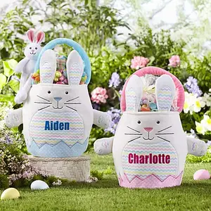 2023 Pink Blue Decoration Embroidery Rabbit White Egg Printing Soft Handle Baskets Bunny Bucket Easter