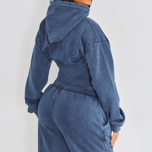 Customized Plus Size Women's Long Sleeve Washed Hooded Sweatshirt Hip Hop Streetwear Printed Pattern Waist Short Pullover <b>Sets</b> - Product Image 2