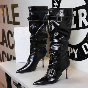 Botas Wrinkle Buckle Fashion Slipper Pointy Toe Thin Heel Knee High Women <b>Boots</b> - Product Image 5