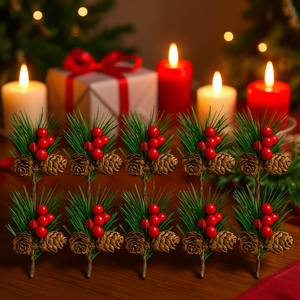 10 Pezzi Mini Bacche Rosse Artificiali, Pigne e Rami Sempreverdi per Decorazioni Festive Natalizie da Tavola in Stile Tradizionale - Product Image 2