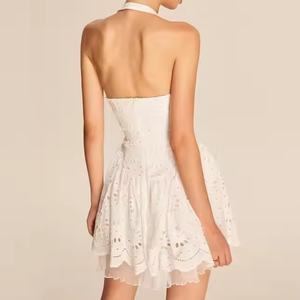 Vestido de Verano al por Mayor a Bajo Precio para Mujer, Sexy, con Tirantes Finos, de Lino y Algodón, Vestidos Modestos, Vestido de Playa Sólido con Encaje Hueco - Product Image 4