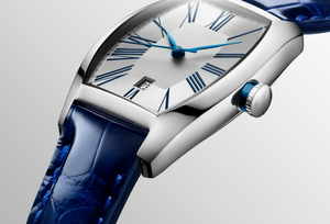 Montre en acier inoxydable de forme tonneau avec cadran à chiffres romains et bracelet en cuir bleu Longinesing - Product Image 4