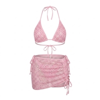 En gros, Logo personnalisé, Maille pailletée, Ensemble 3 pièces : Bikini triangle dos nu, Maillot de bain à cordon de serrage et Jupe de plage, OEM ODM Marque privée, UE Russie