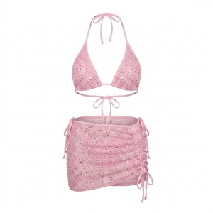 En gros, Logo personnalisé, Maille pailletée, Ensemble 3 pièces : Bikini triangle dos nu, Maillot <span class=keywords><strong>de</strong></span> <span class=keywords><strong>bain</strong></span> à cordon <span class=keywords><strong>de</strong></span> serrage et Jupe <span class=keywords><strong>de</strong></span> plage, OEM ODM Marque privée, UE Russie - Product Image 5
