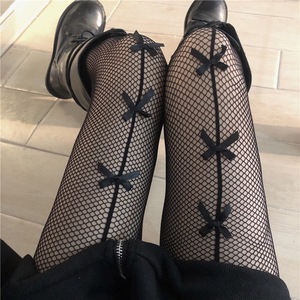 Black Fishnet Thigh High Stockings With Bow Women's Transparent Gothic Style Y2K Socks For Subculture Fashion - Product Image 2