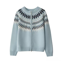Cardigan zippé en tricot vintage col rond pour femme, motif Fair Isle nordique, vente en gros, automne, OEM personnalisé, faible MOQ