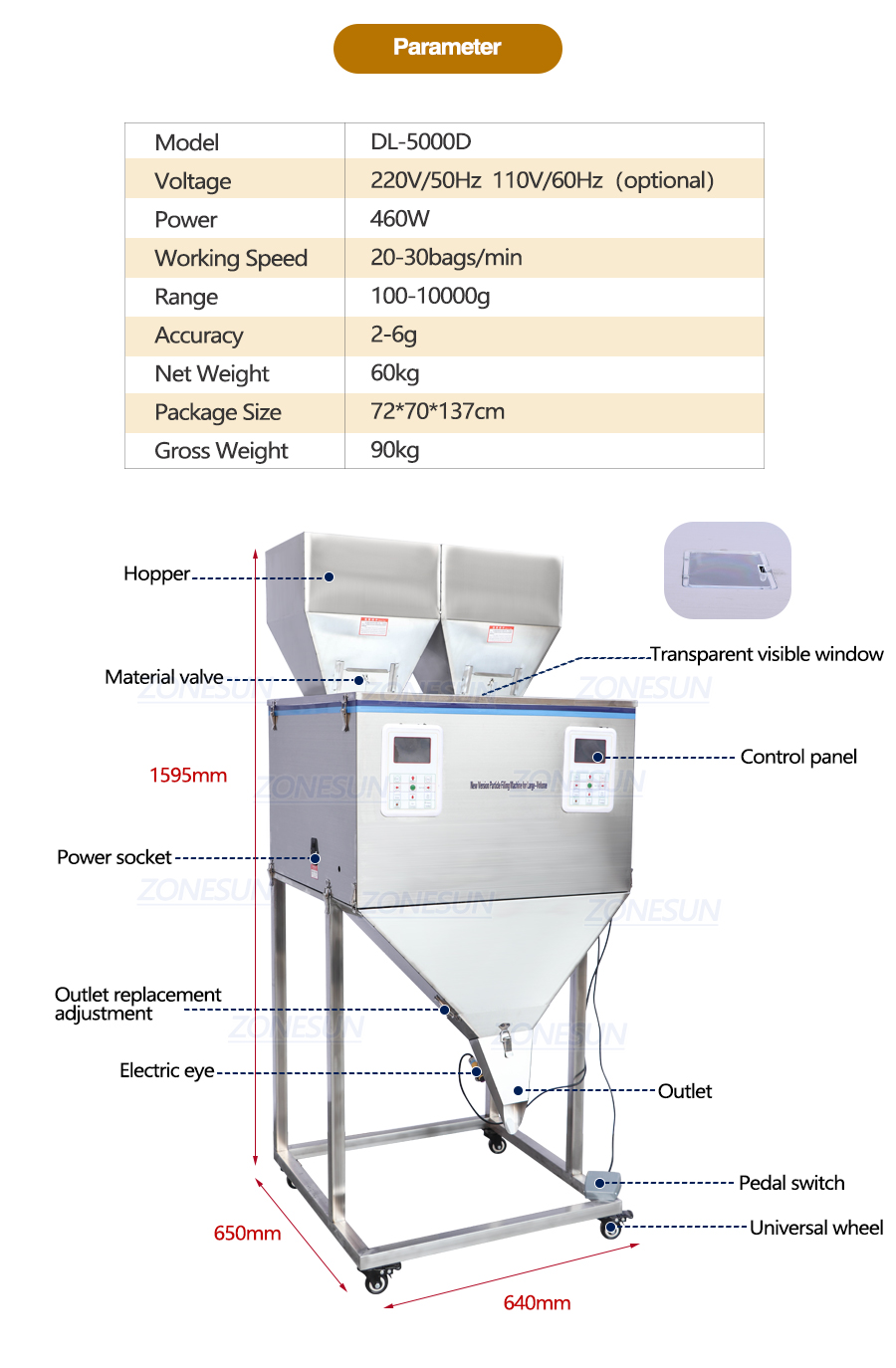 ZONESUN DL-5000D semiautomática 2 cabeças máquina de pesagem de pó de enchimento