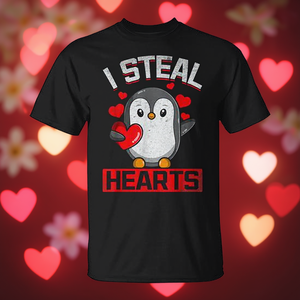 Camiseta I Steal Hearts Penguin, negra, con cuello redondo, unisex, manga corta, impresión digital, diseño del día de San Valentín - Product Image 3