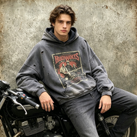 Hoodie Pria Musim Gugur Heavyweight Fleece Bordir ODM Streetwear Acid Wash Hand-Distressed Spray Wash 480GSM Oversized