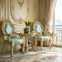 Ensemble de chaise d'appoint et table d'appoint de style vintage européen, cadre en bois massif sculpté à la main, revêtement en cuir, meubles de salle à manger et de loisirs