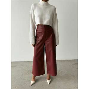 Pantalon en cuir bordeaux décontracté pour femme, taille élastique, avec poche avant, respirant, pantalon cargo à jambes larges, taille XL - Product Image 4