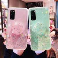 Coque de téléphone en silicone transparente avec paillettes brillantes, adaptée aux téléphones iPhone, Samsung, Huawei, avec support extensible.
