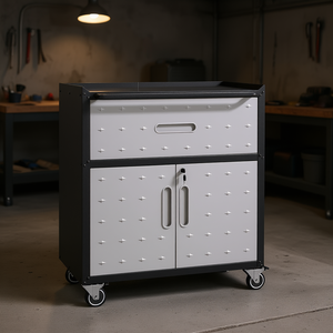 Gabinete de Almacenamiento de Herramientas con 1 Cajón y 2 Puertas con Cerradura, Gabinete Metálico Rodante para Garaje, Color Negro Gris, Estilo Industrial - Product Image 2