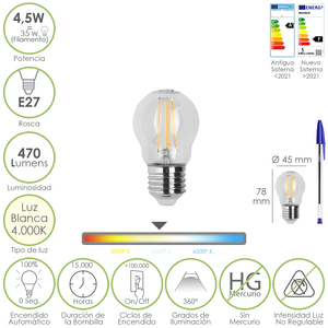 Lampadina a Filamento LED Sferica, Attacco E27. 4,5 Watt. Equivalente a 35 Watt. 470 Lumen. Bianco Neutro 4000K. - Product Image 1