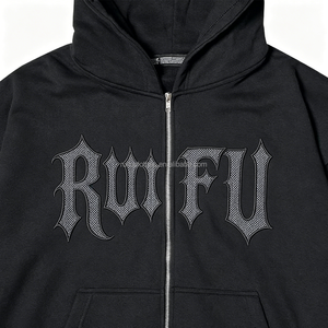 Sweat-shirt à capuche zippé surdimensionné pour homme, en molleton de coton, avec logo personnalisé, patch brodé 3D et impression. - Product Image 2