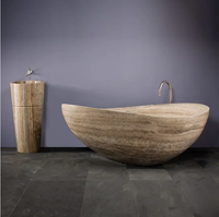 RISINGFORTUNE Baignoire en marbre autoportante au design moderne Baignoire en travertin fini aiguisé 170cm