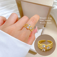 HY Zirkon Vierblättriges Kleeblatt Jubiläums-Trendringe 18K Vergoldeter Edelstahl Verstellbarer Offener Ring für Damen